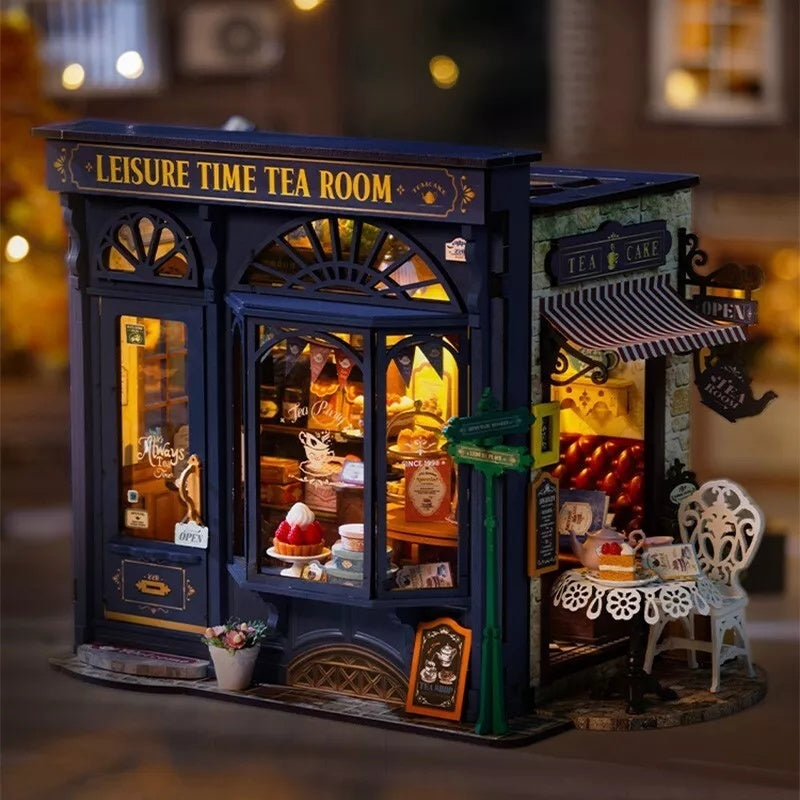 ROBOTIME DIY Miniature Dollhouse Kit - Tea Room With LED Lights And Furniture, Wooden Model Building Set For Adults And Kids, Creative Gift For Leisure Time