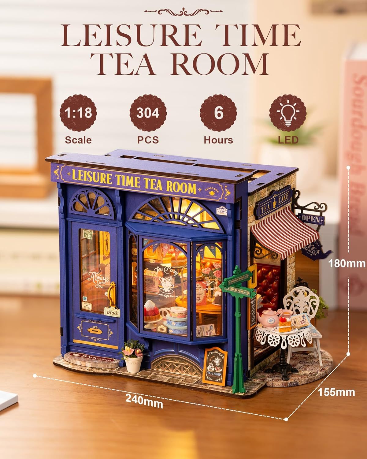 ROBOTIME DIY Miniature Dollhouse Kit - Tea Room With LED Lights And Furniture, Wooden Model Building Set For Adults And Kids, Creative Gift For Leisure Time
