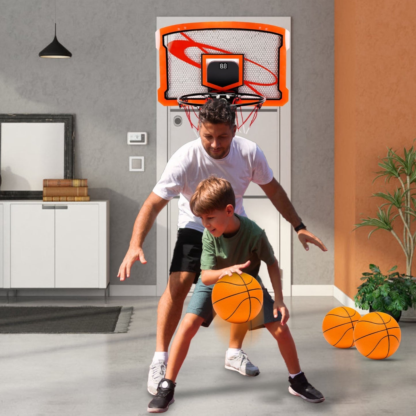 1Set Indoor Mini Basketball Hoop Set Over Door Basketball Hoop With 4 Inflatable Balls Electric Audio Scorer Foldable Basket Gift For Kids And Adults