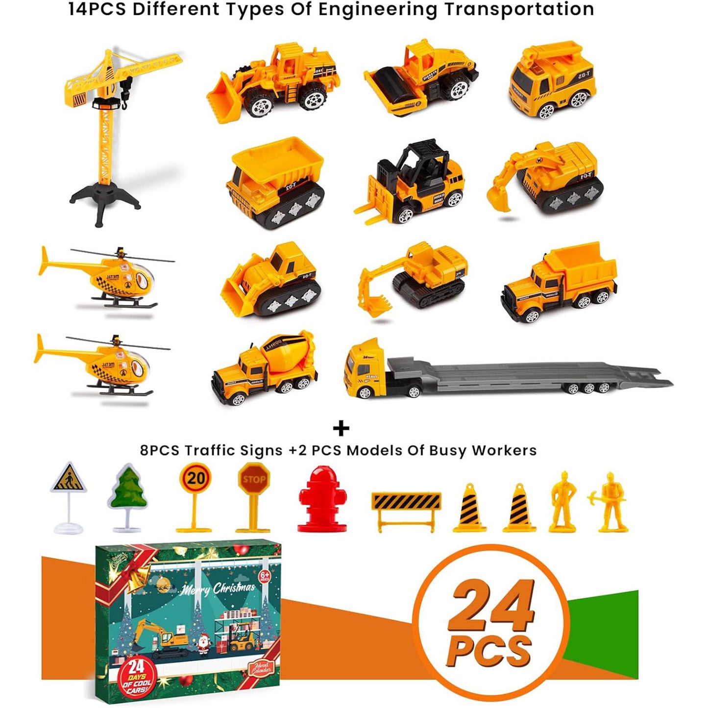 Advent Calendar Christmas Countdown Calendar For Kids, 24PCS Cartoon Engineering Vehicle Playset, Christmas Gifts Toys For 6  Year Old Boys And Girls